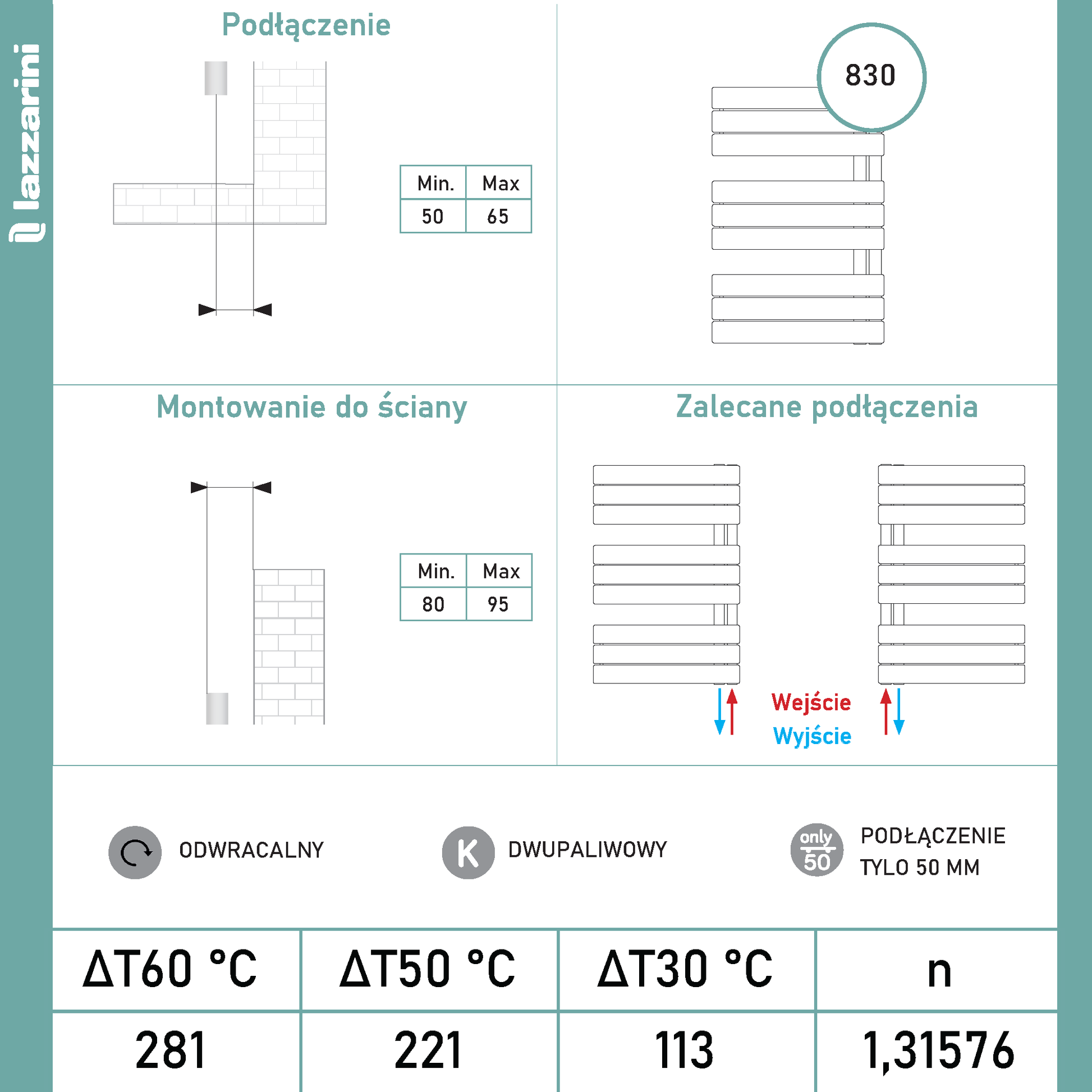 Grzejnik Łazienkowy Dekoracyjny Nowoczesny - Chrom - 830x500mm, arkusz danych z informacjami