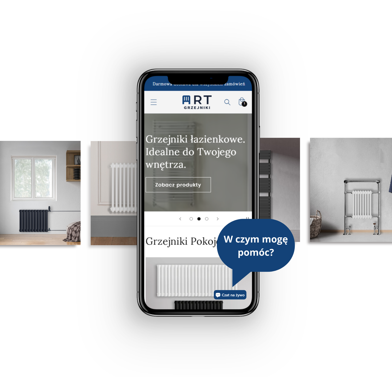 telefon komórkowy wyświetlający lokalizację czatu na żywo na stronie internetowej Art Grzejniki z podpisem "W czym mogę pomóc?"