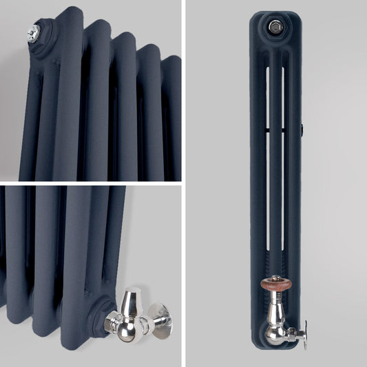 Zbliżenie profilu bocznego pokazujące szczegóły antracytowego trójkolumnowego grzejnika dekoracyjnego