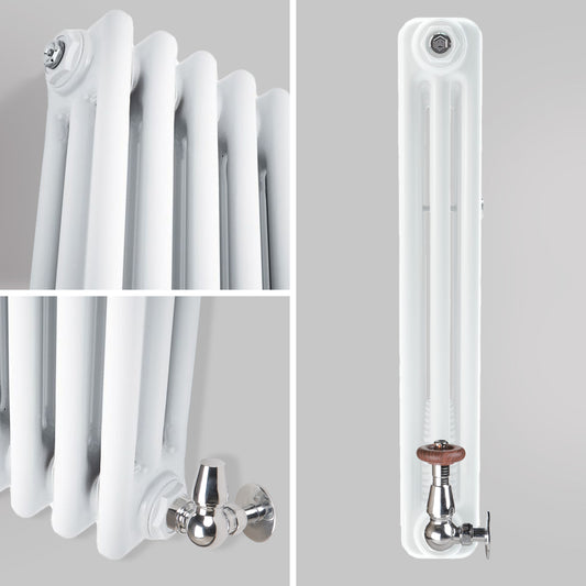 Zbliżenie profilu bocznego ukazujące szczegóły białego trójkolumnowego grzejnika dekoracyjnego