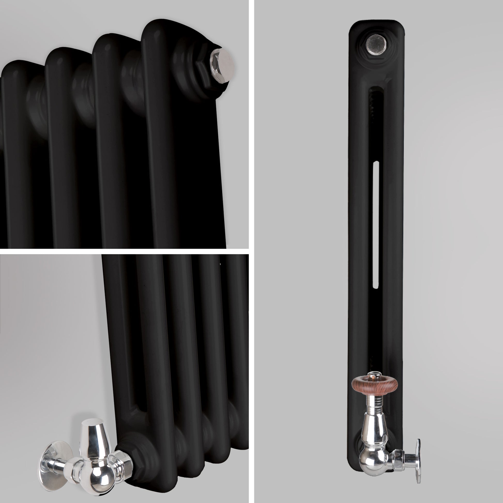 Zbliżenie profilu bocznego ukazujące szczegóły czarnego dwukolumnowego grzejnika dekoracyjnego