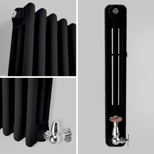 Zbliżenie profilu bocznego ukazujące szczegóły czarnego trójkolumnowego grzejnika dekoracyjnego