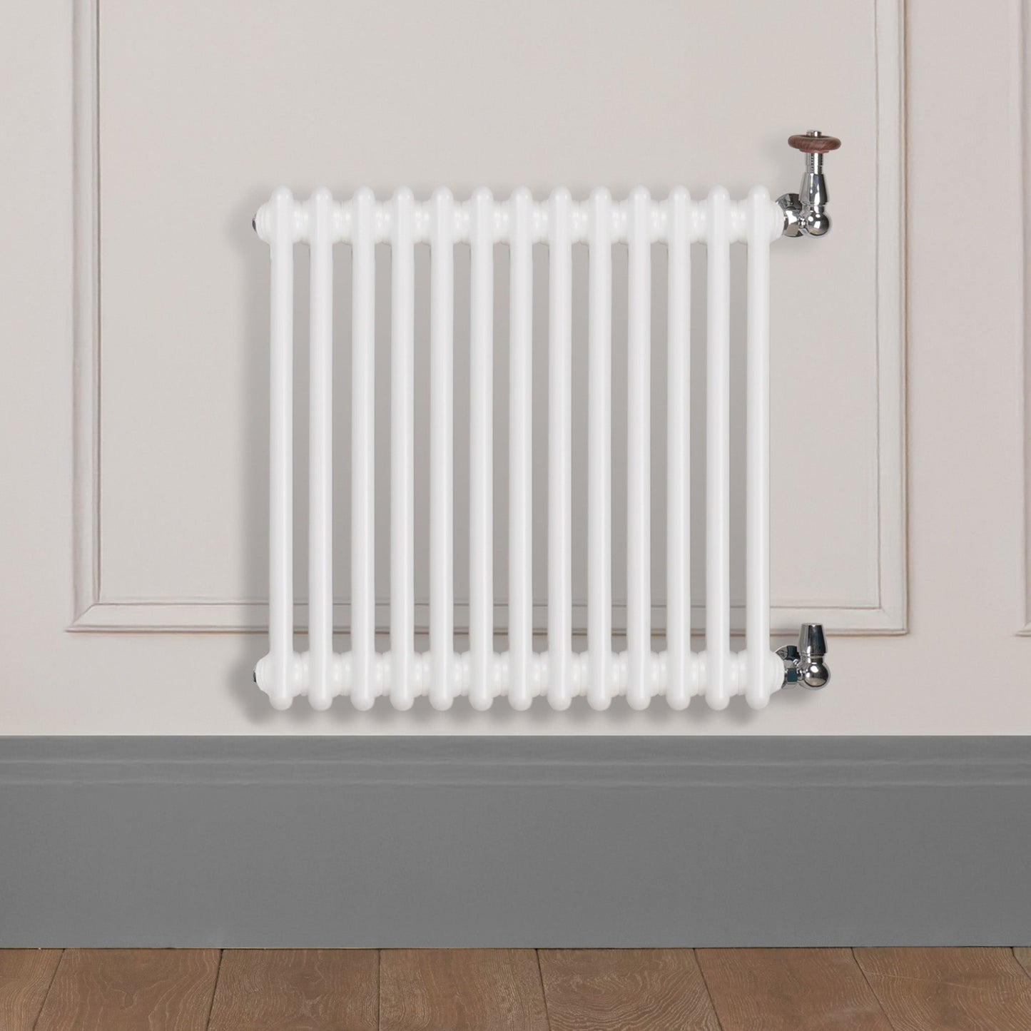 Grzejnik Dekoracyjny Żeberkowy - 2 Kolumnowy Biały - 576x605mm, poziomy grzejnik dekoracyjny w ścianie panelowej