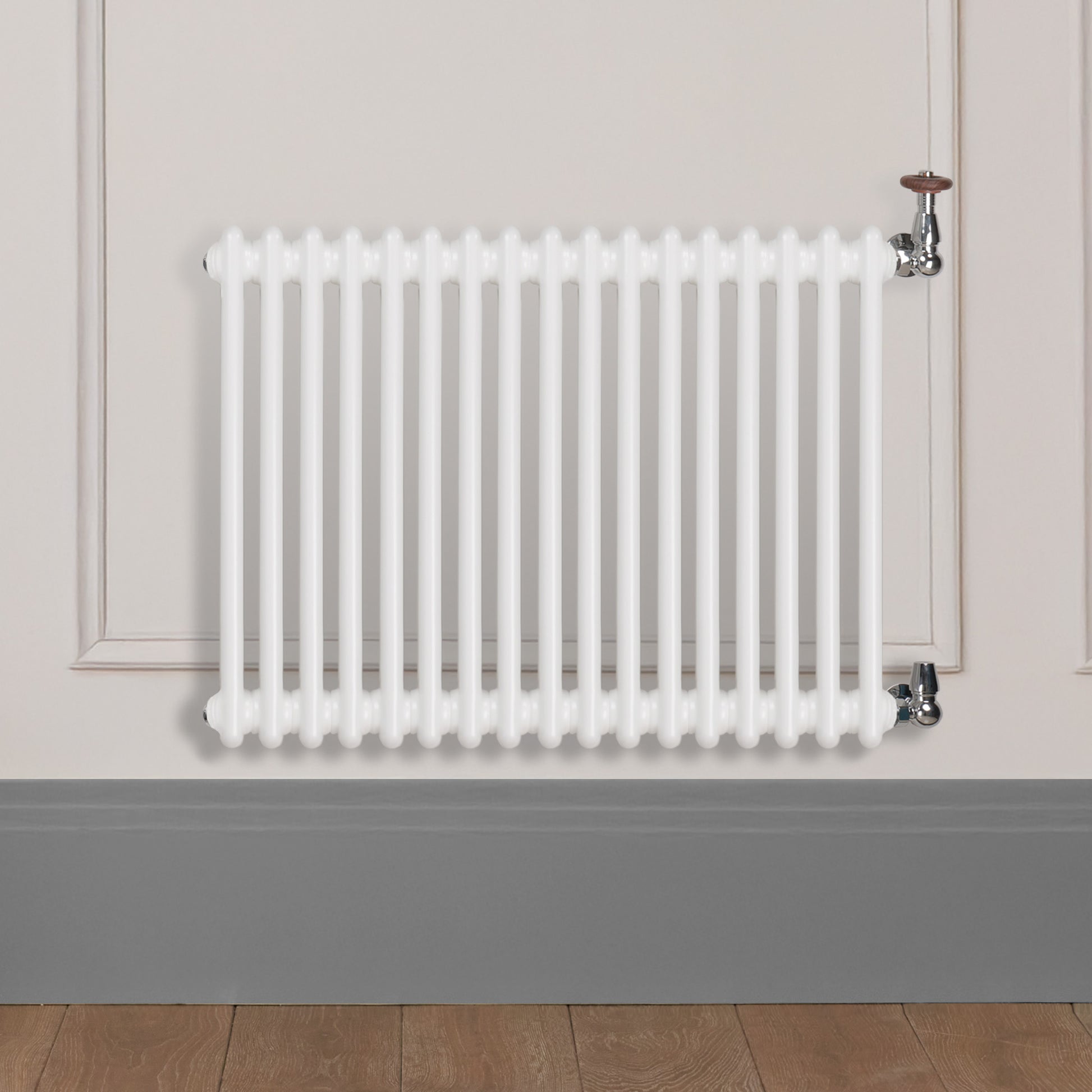 Grzejnik Dekoracyjny Żeberkowy - 2 Kolumnowy Biały - 576x785mm, Designerski grzejnik na ścianie wyłożonej panelami Empire