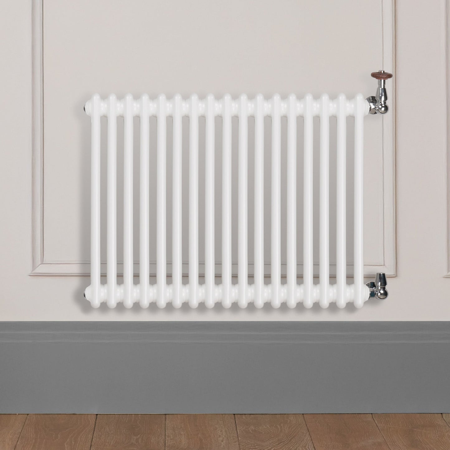 Grzejnik Dekoracyjny Żeberkowy - 2 Kolumnowy Biały - 576x785mm, poziomy grzejnik dekoracyjny w ścianie panelowej