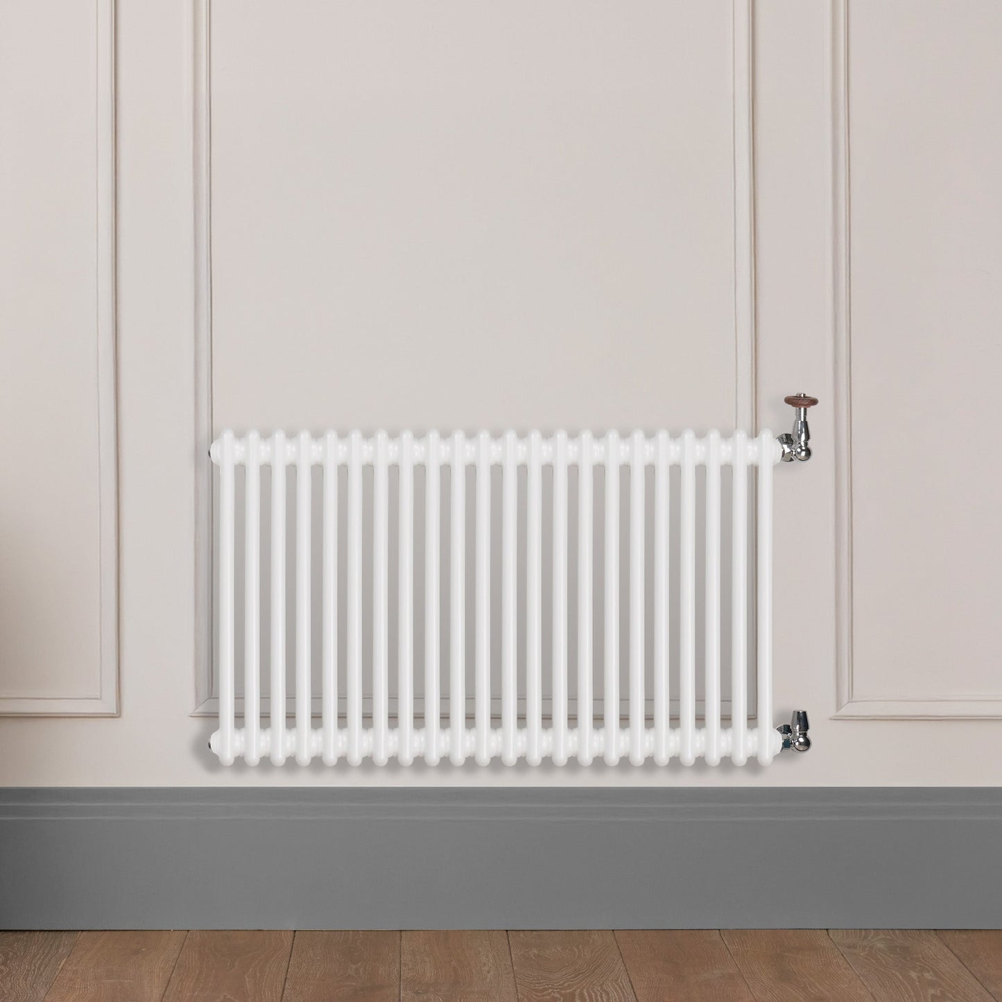 Grzejnik Dekoracyjny Żeberkowy - 2 Kolumnowy Biały - 576x1010mm, Designerski grzejnik na ścianie wyłożonej panelami Empire