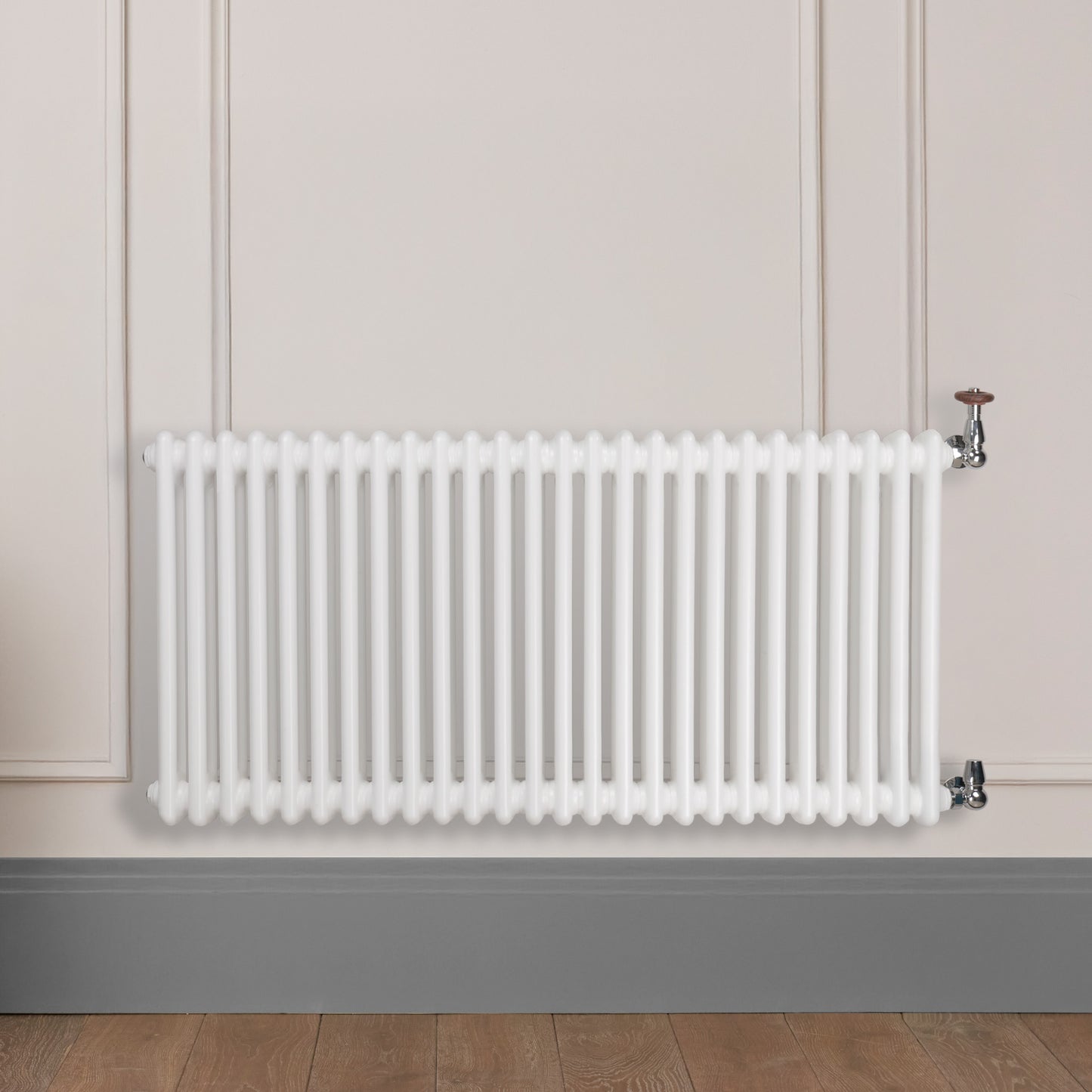 Grzejnik Dekoracyjny Żeberkowy - 2 Kolumnowy Biały - 576x1190mm, Designerski grzejnik na ścianie wyłożonej panelami Empire