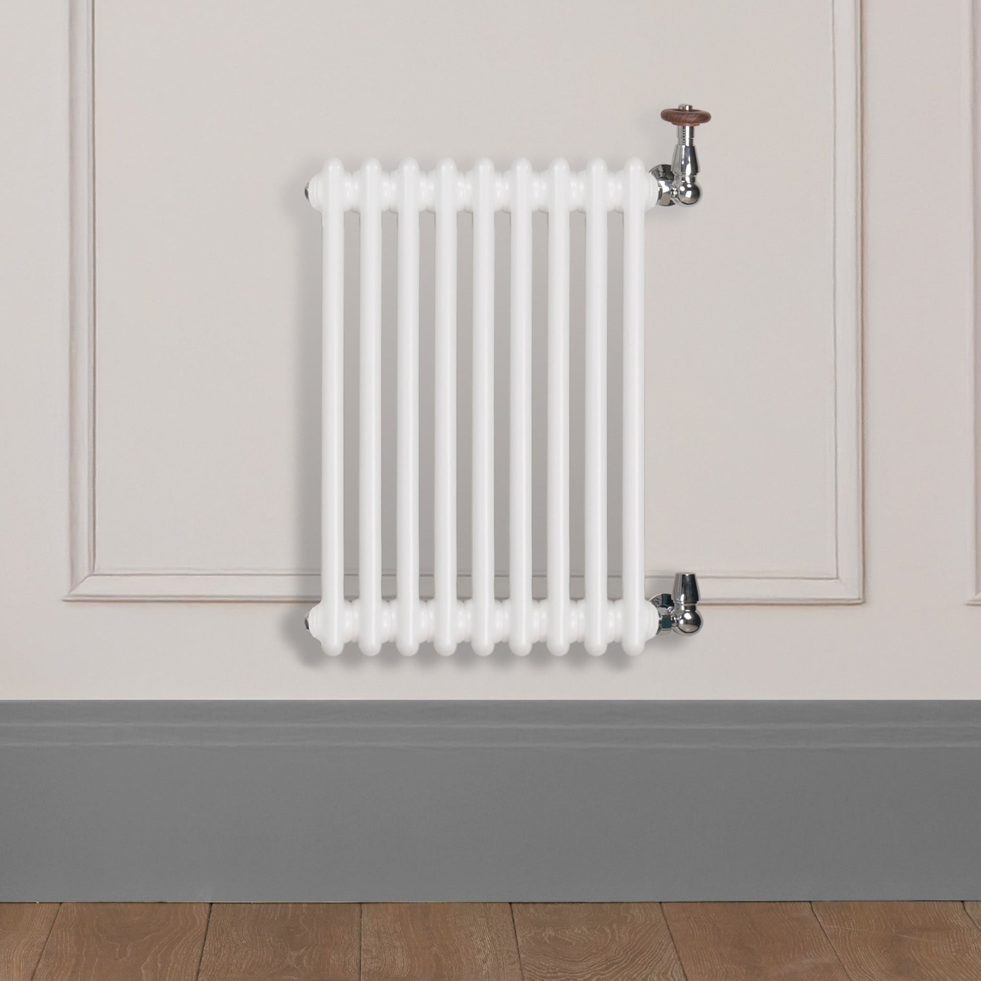 Grzejnik Dekoracyjny Żeberkowy - 2 Kolumnowy Biały - 576x425mm, Designerski grzejnik na ścianie wyłożonej panelami Empire