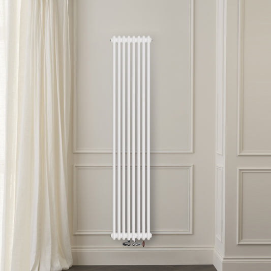Grzejnik Dekoracyjny Żeberkowy Pionowy - 3 Kolumnowy Biały - 1800x380mm, Designerski grzejnik na ścianie wyłożonej panelami Empire