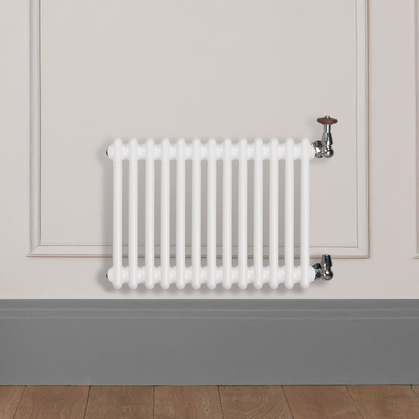 Grzejnik Dekoracyjny Żeberkowy - 3 Kolumnowy Biały - 426x605mm, Designerski grzejnik na ścianie wyłożonej panelami Empire