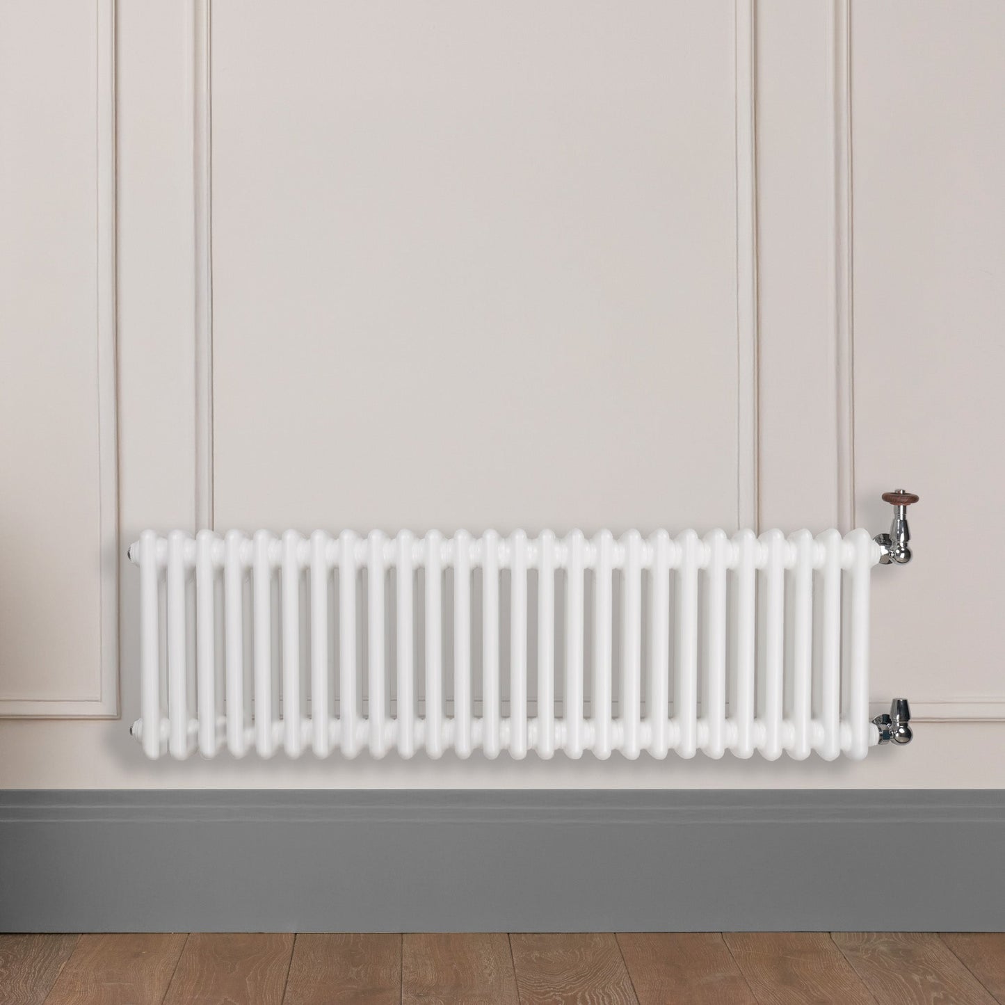 Grzejnik Dekoracyjny Żeberkowy - 3 Kolumnowy Biały - 426x1190mm, poziomy grzejnik dekoracyjny w ścianie panelowej