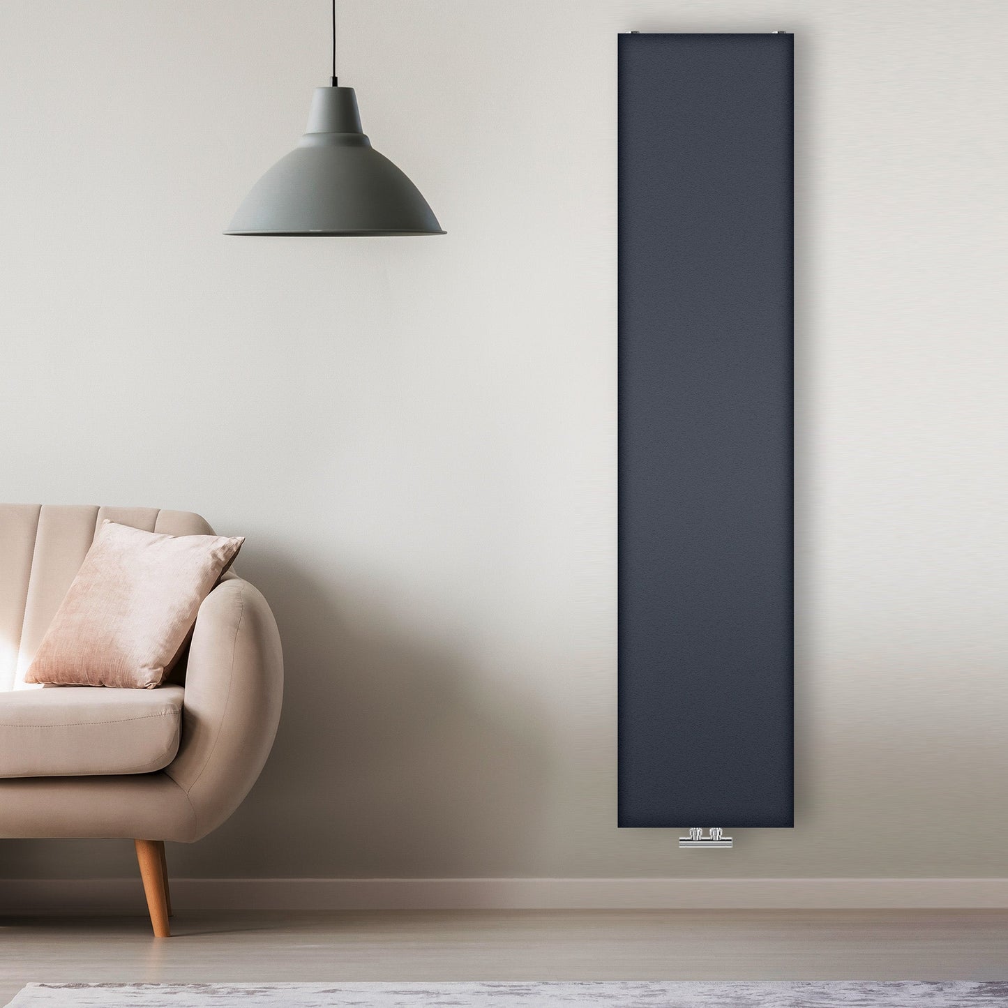 Grzejnik Dekoracyjny Pionowy - Płaski Panelowy Antracytowy - 1800x400mm, Designerski grzejnik w nowoczesnym salonie firmy Heissmann