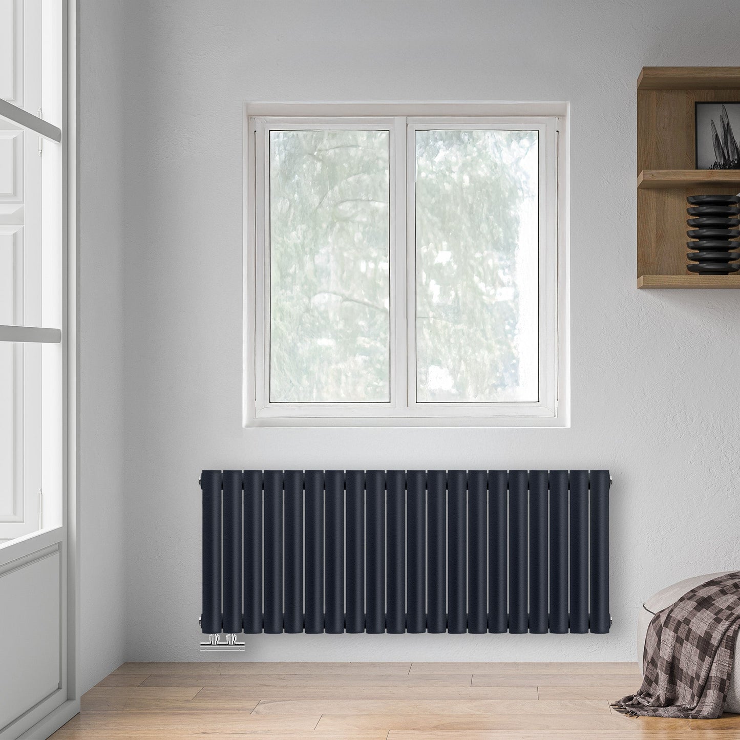 Grzejnik Dekoracyjny - Owalny Podwójny Kolumnowy Antracytowy - 560x1180mm, poziomy grzejnik w sypialni firmy Heissmann