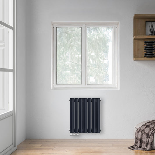 Grzejnik Dekoracyjny - Owalny Podwójny Kolumnowy Antracytowy - 560x410mm, poziomy grzejnik dekoracyjny na ścianie firmy Heissmann