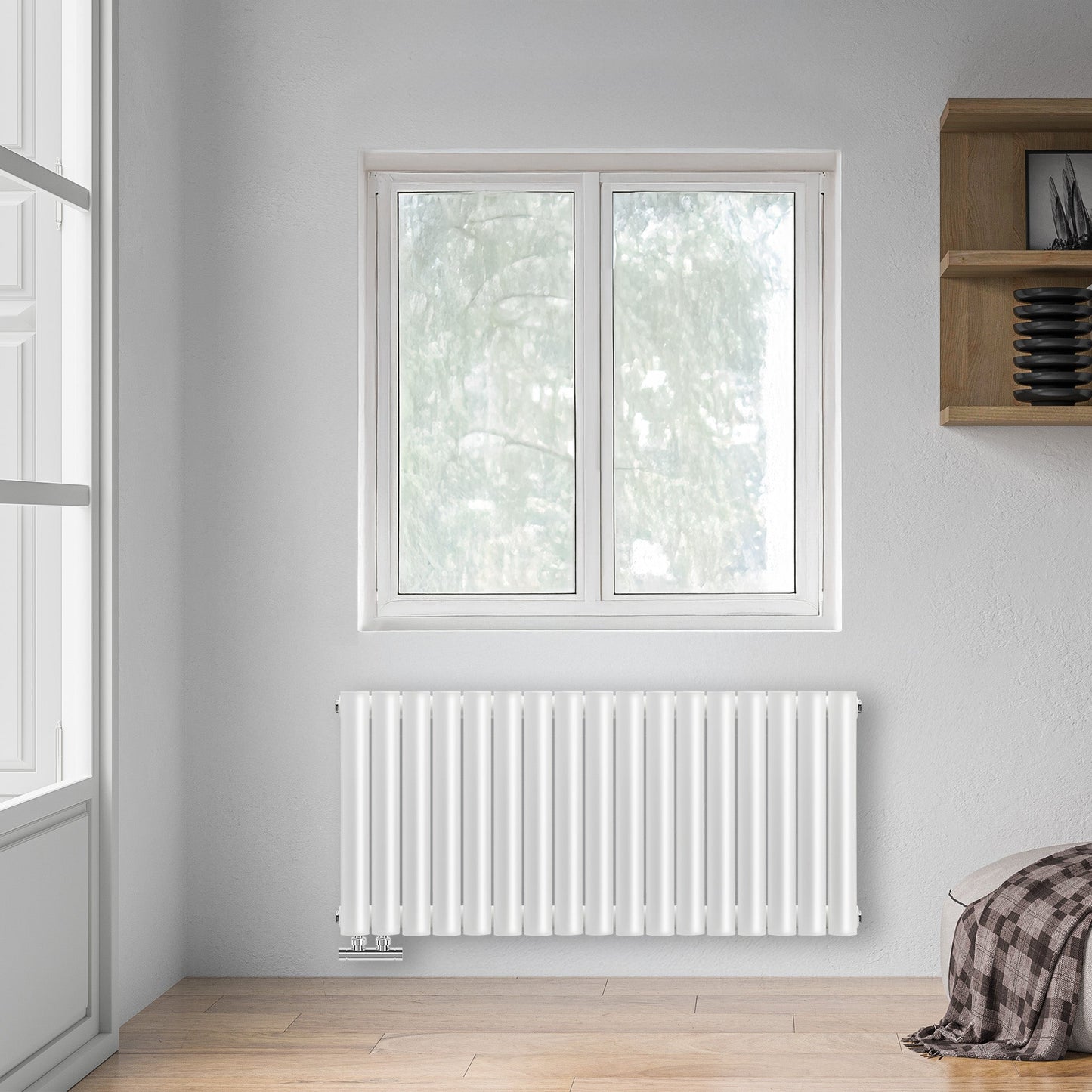 Grzejnik Dekoracyjny - Owalny Podwójny Kolumnowy Biały - 560x1003mm, poziomy grzejnik w sypialni firmy Heissmann