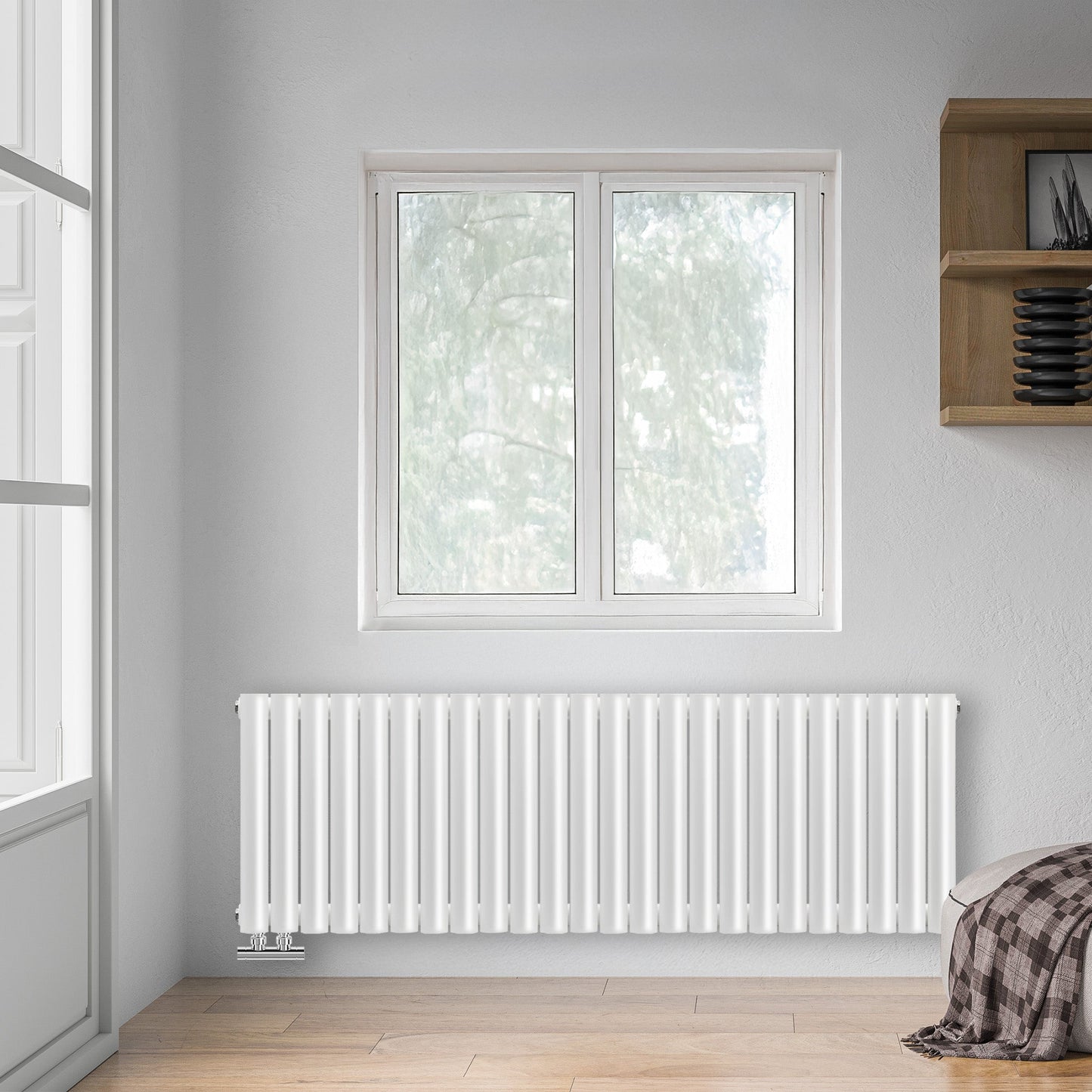 Grzejnik Dekoracyjny - Owalny Podwójny Kolumnowy Biały - 560x1416mm, poziomy grzejnik w sypialni firmy Heissmann