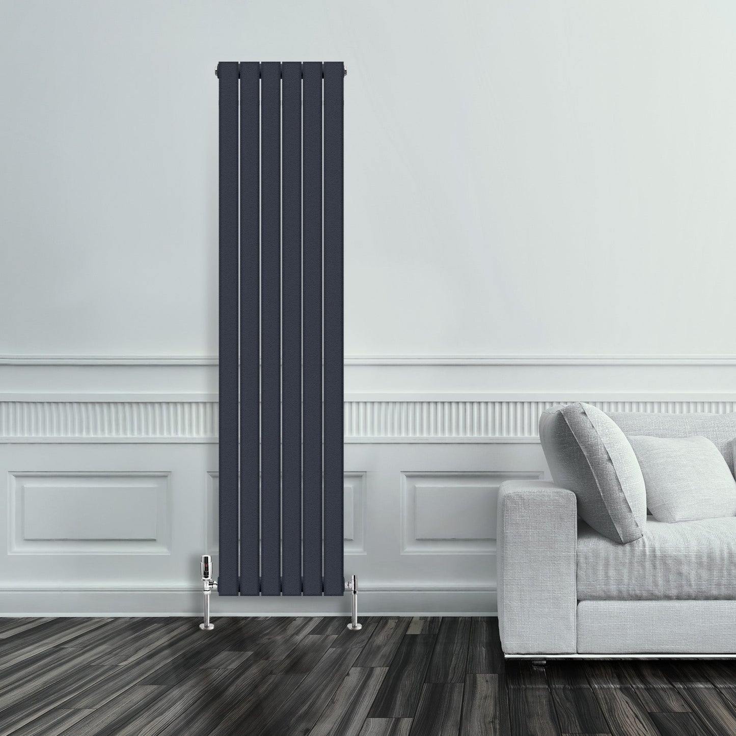 Grzejnik Pionowy Ozdobny - Podwójny Panelowy Antracytowy - 1800x420mm, Designerski grzejnik w nowoczesnym salonie firmy Heissmann