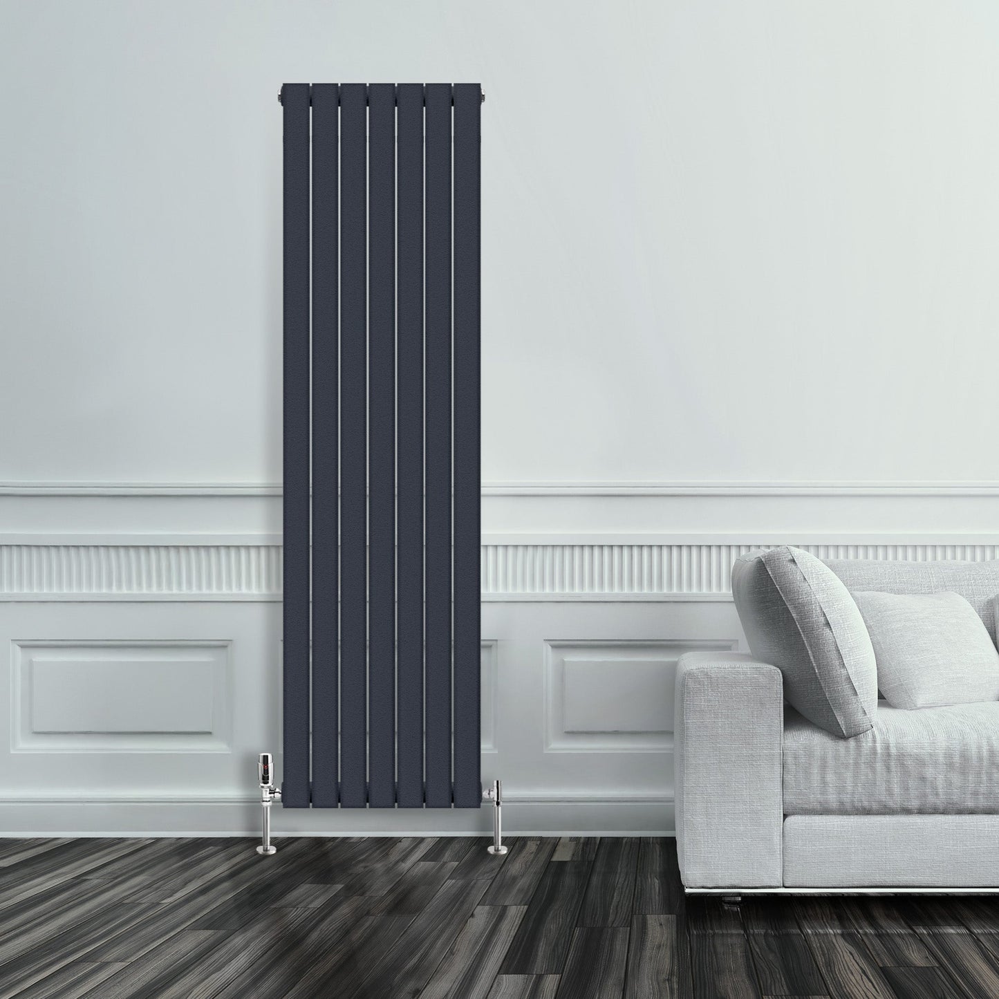 Grzejnik Pionowy Ozdobny - Podwójny Panelowy Antracytowy - 1800x490mm, Designerski grzejnik w nowoczesnym salonie firmy Heissmann