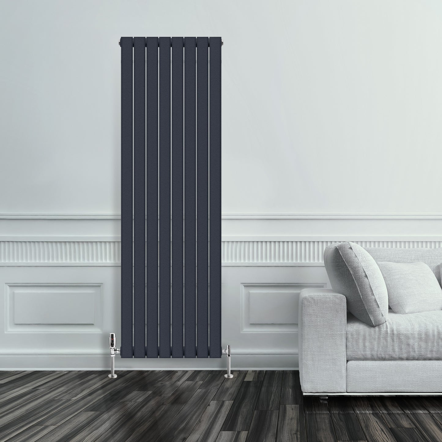 Grzejnik Pionowy Ozdobny - Podwójny Panelowy Antracytowy - 1800x560mm, Pionowy grzejnik dekoracyjny na ścianie - Heissmann