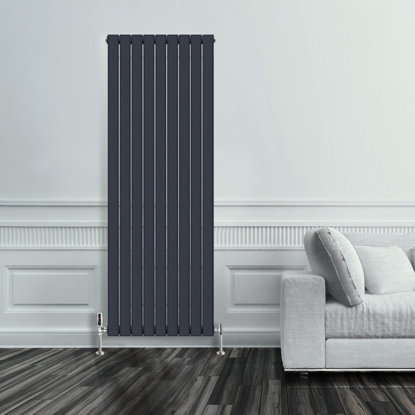 Grzejnik Pionowy Ozdobny - Podwójny Panelowy Antracytowy - 1800x630mm, Designerski grzejnik w nowoczesnym salonie firmy Heissmann