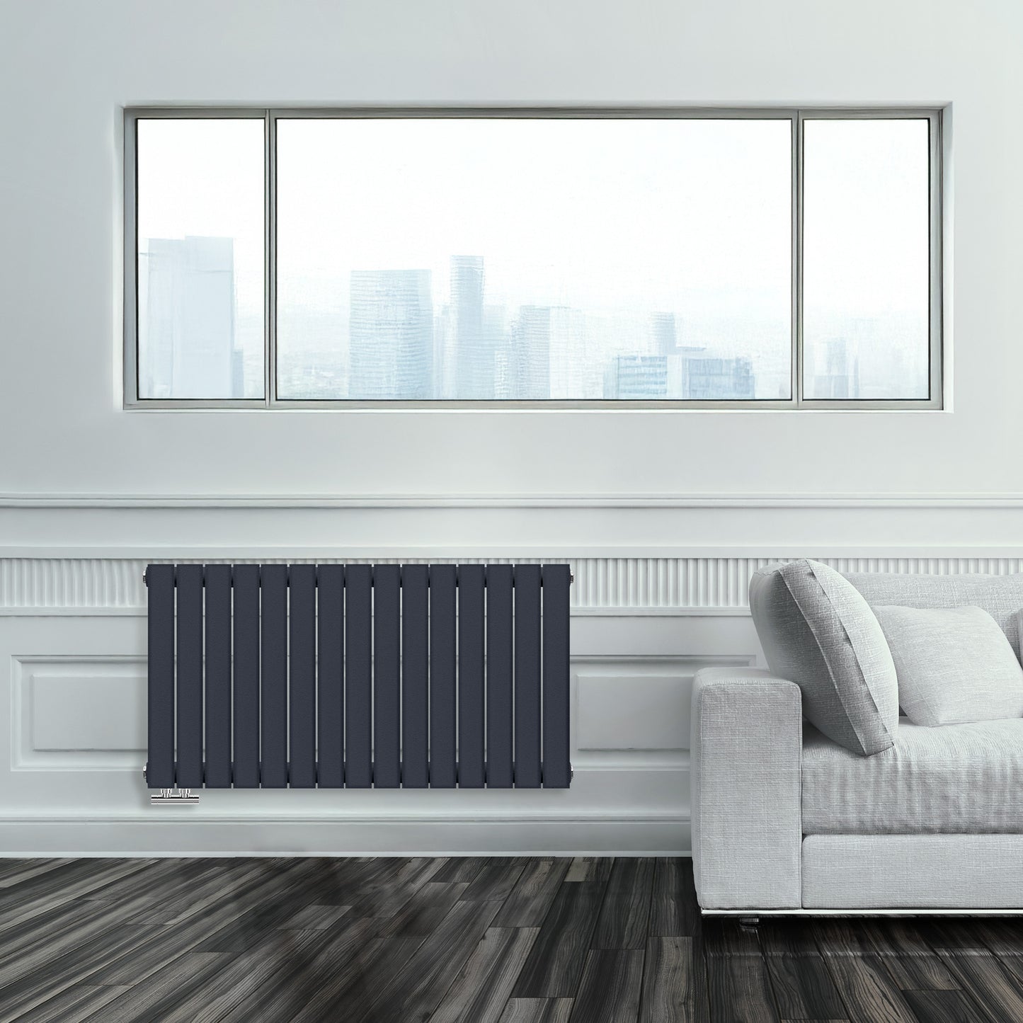 Grzejnik Ozdobny - Podwójny Panelowy Antracytowy - 560x1050mm, poziomy grzejnik dekoracyjny na ścianie firmy Heissmann