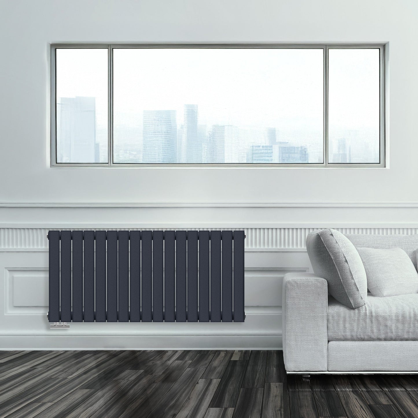 Grzejnik Ozdobny - Podwójny Panelowy Antracytowy - 560x1190mm, Designerski grzejnik w nowoczesnym salonie firmy Heissmann