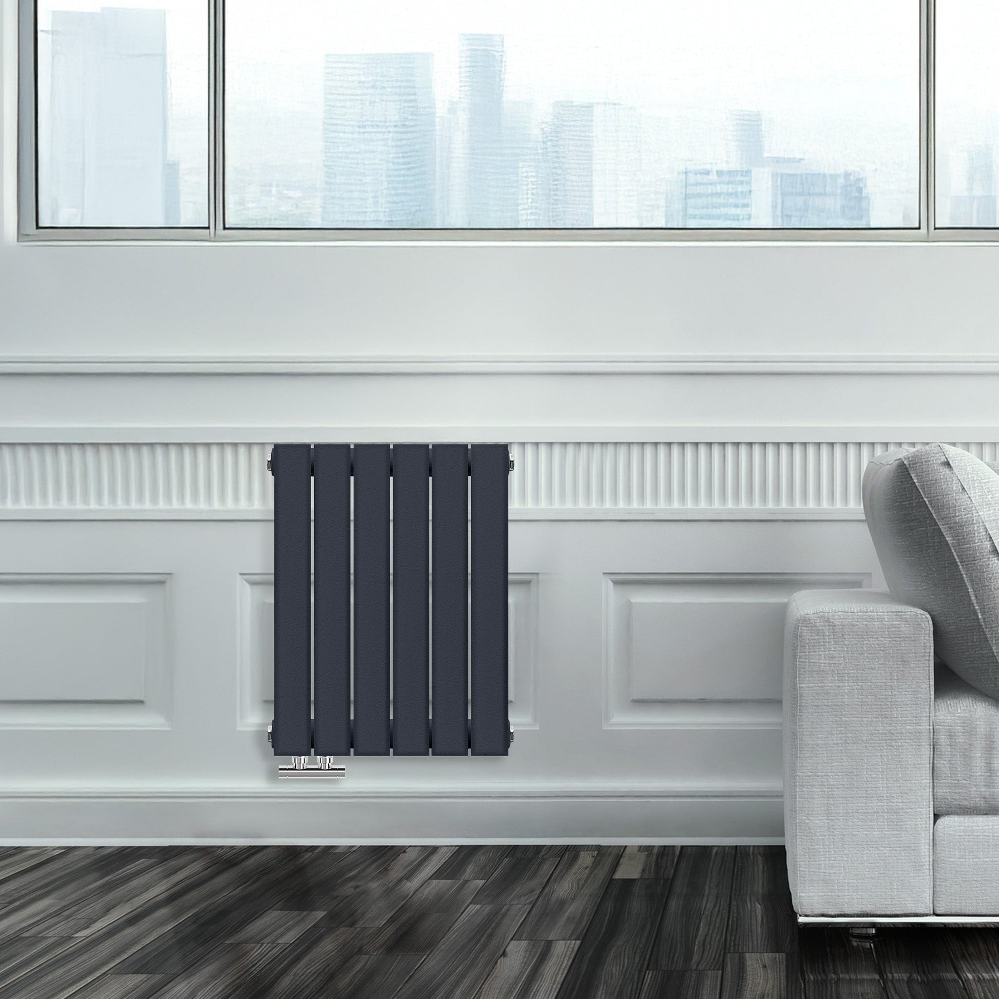 Grzejnik Ozdobny - Podwójny Panelowy Antracytowy - 560x420mm, Designerski grzejnik w nowoczesnym salonie firmy Heissmann