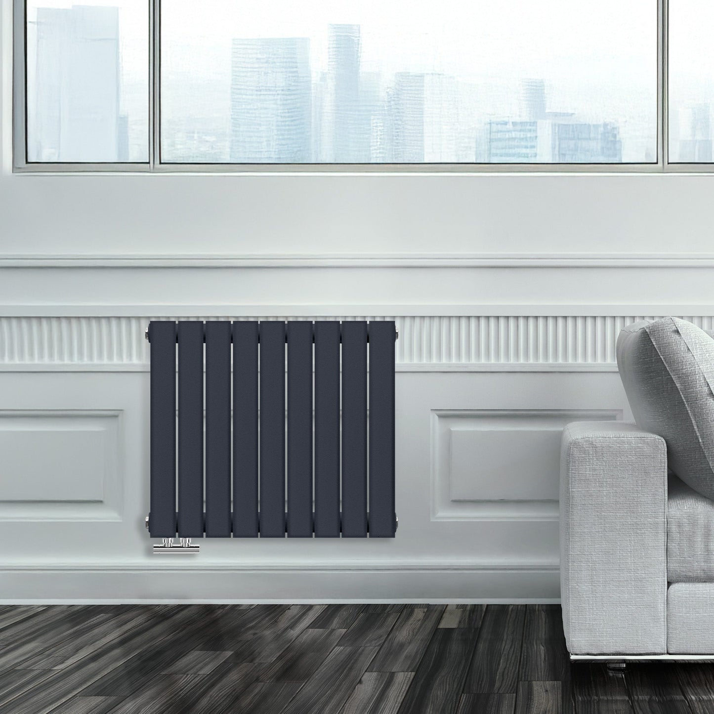 Grzejnik Ozdobny - Podwójny Panelowy Antracytowy - 560x630mm, Designerski grzejnik w nowoczesnym salonie firmy Heissmann