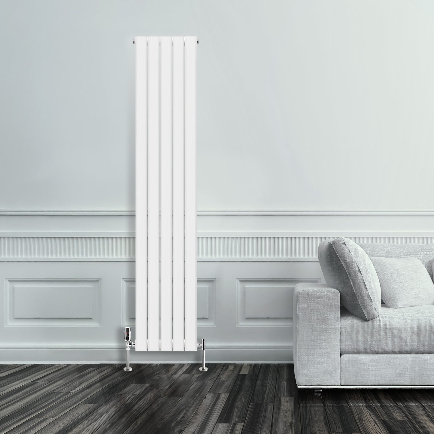 Grzejnik Pionowy Ozdobny - Podwójny Panelowy Biały - 1800x350mm, Pionowy grzejnik dekoracyjny na ścianie - Heissmann