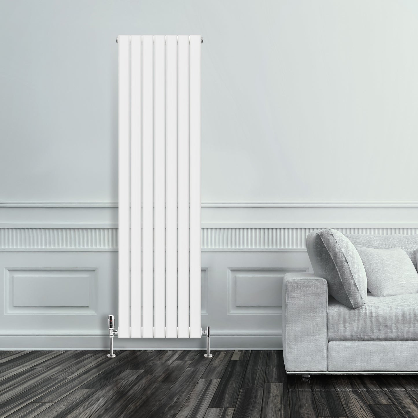 Grzejnik Pionowy Ozdobny - Podwójny Panelowy Biały - 1800x490mm, Pionowy grzejnik dekoracyjny na ścianie - Heissmann
