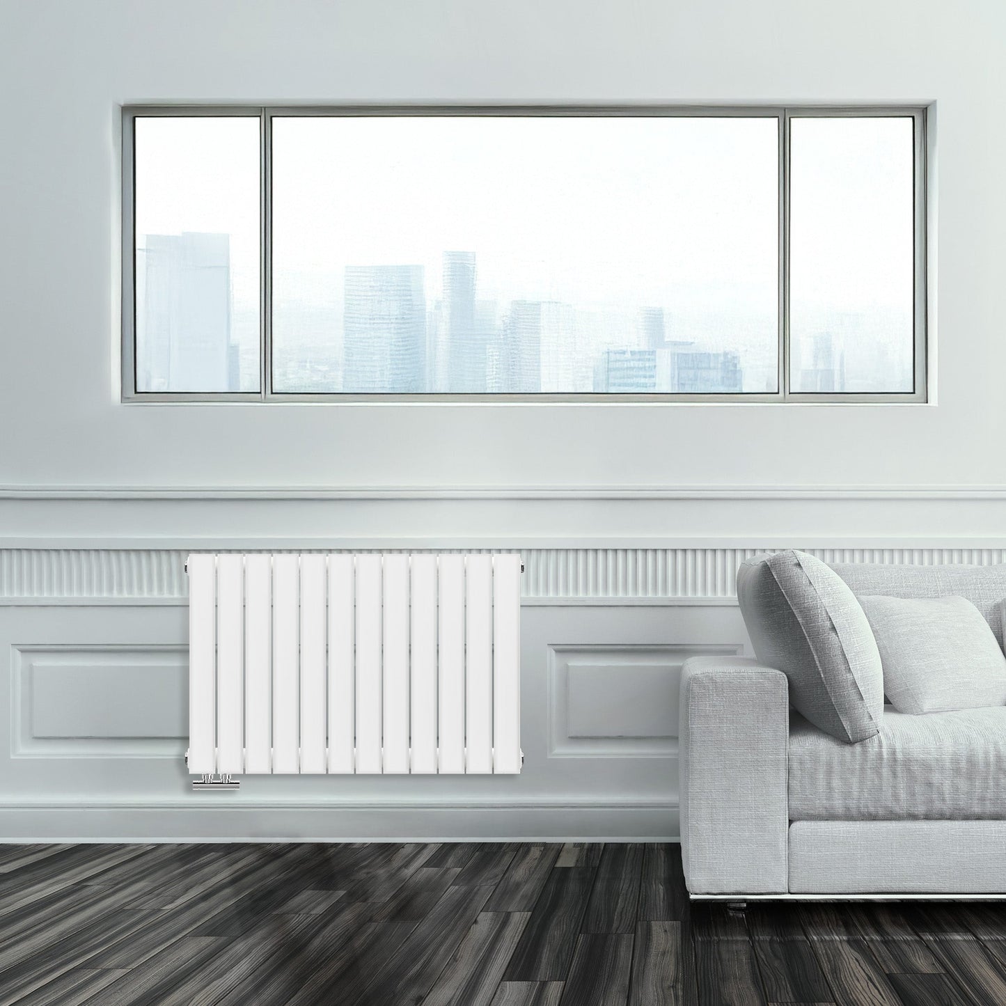 Grzejnik Ozdobny - Podwójny Panelowy Biały - 560x840mm, Designerski grzejnik w nowoczesnym salonie firmy Heissmann