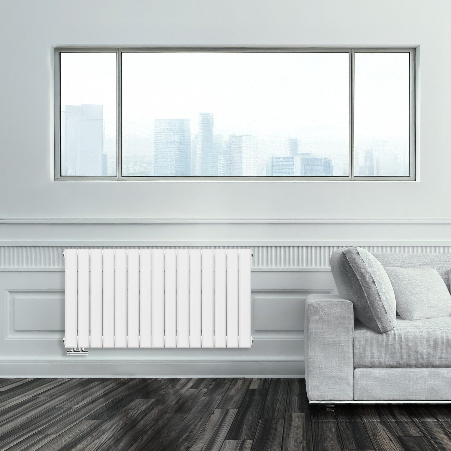 Grzejnik Ozdobny - Podwójny Panelowy Biały - 560x1050mm, Designerski grzejnik w nowoczesnym salonie firmy Heissmann