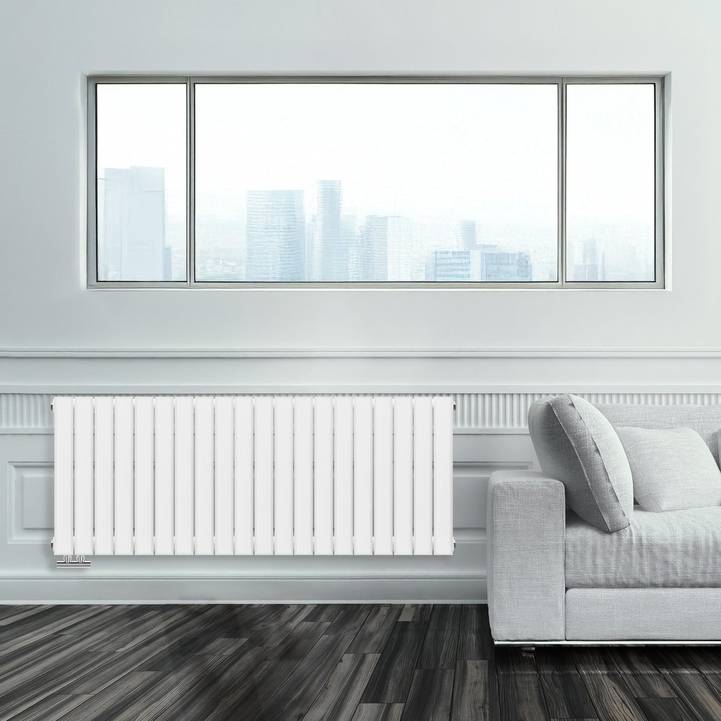 Grzejnik Ozdobny - Podwójny Panelowy Biały - 560x1400mm, Designerski grzejnik w nowoczesnym salonie firmy Heissmann