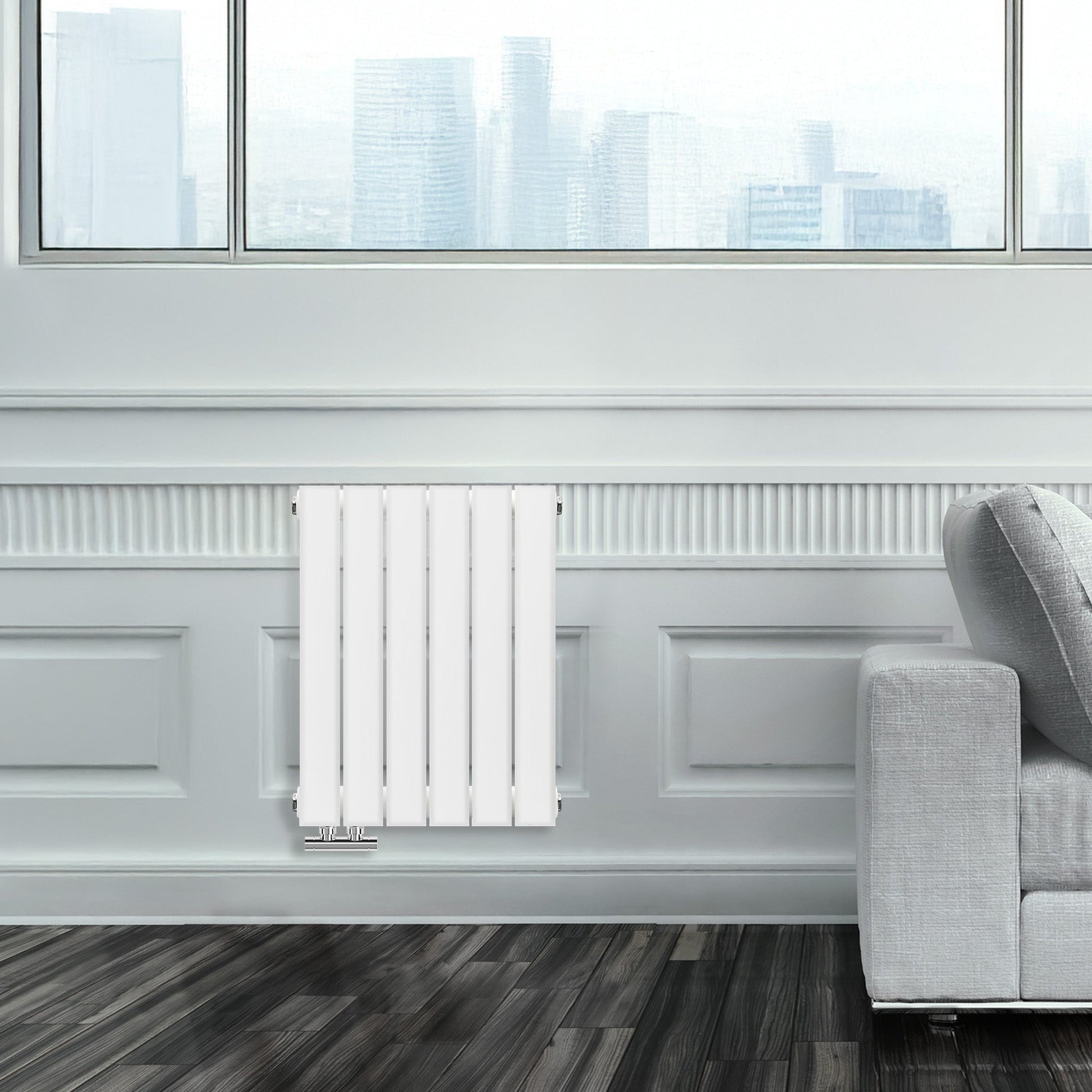 Grzejnik Ozdobny - Podwójny Panelowy Biały - 560x420mm, Designerski grzejnik w nowoczesnym salonie firmy Heissmann