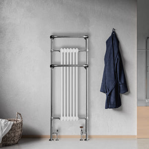 Grzejnik Łazienkowy Tradycyjny Żeberkowy - Chrom - 1500x575mm, Montaż podłogowy w nowoczesnej łazience