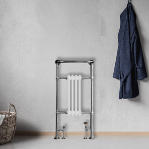 Grzejnik Łazienkowy Tradycyjny Żeberkowy - Chrom - 963x493mm, Montaż podłogowy w nowoczesnej łazience