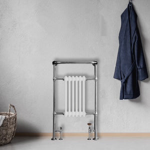 Grzejnik Łazienkowy Tradycyjny Żeberkowy - Chrom - 963x583mm, Montaż podłogowy w nowoczesnej łazience