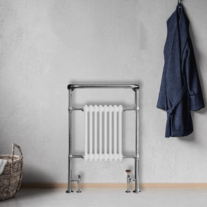 Grzejnik Łazienkowy Tradycyjny Żeberkowy - Chrom - 963x673mm, Montaż podłogowy w nowoczesnej łazience