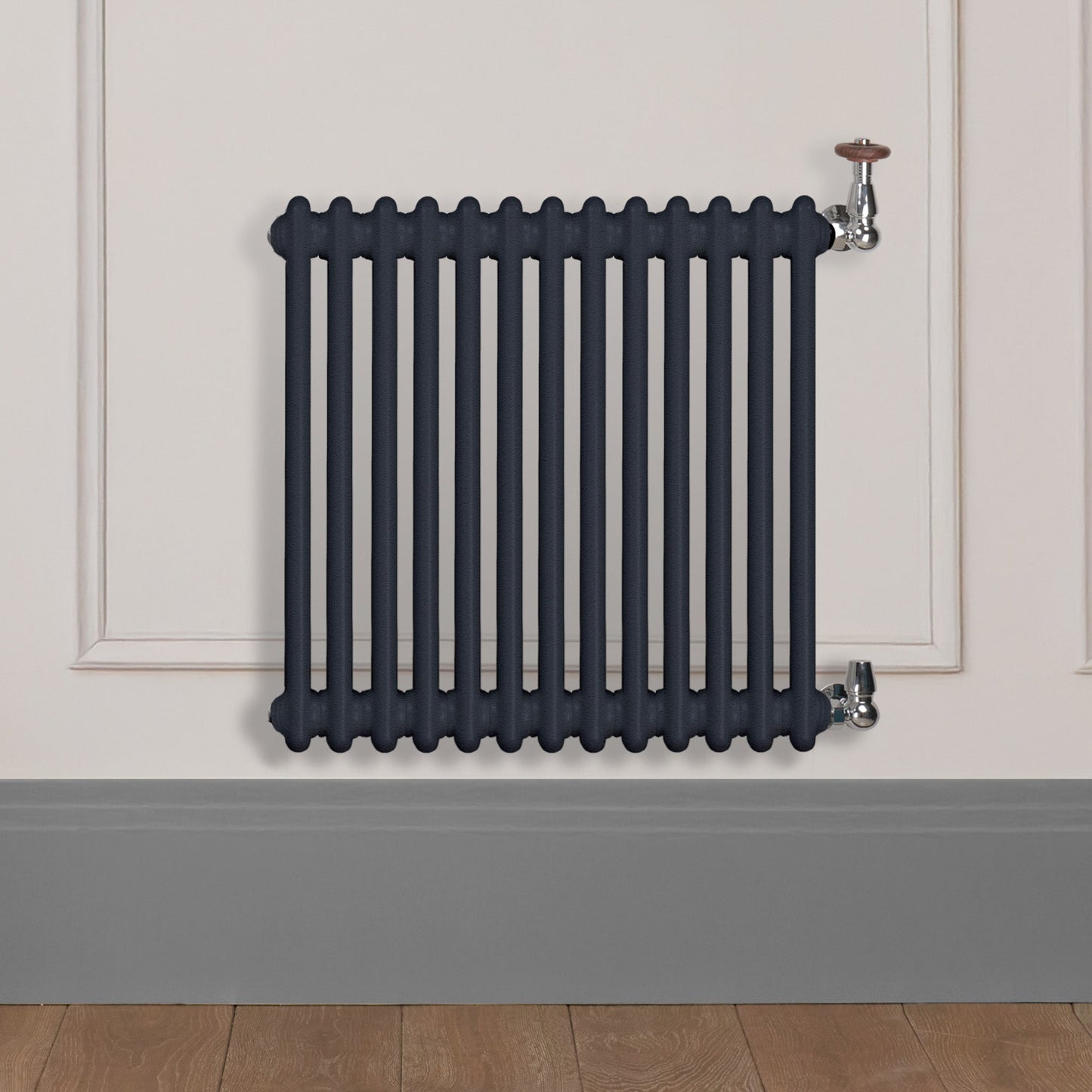 Grzejnik Dekoracyjny Żeberkowy - 2 Kolumnowy Antracytowy - 576x605mm, poziomy grzejnik dekoracyjny w ścianie panelowej