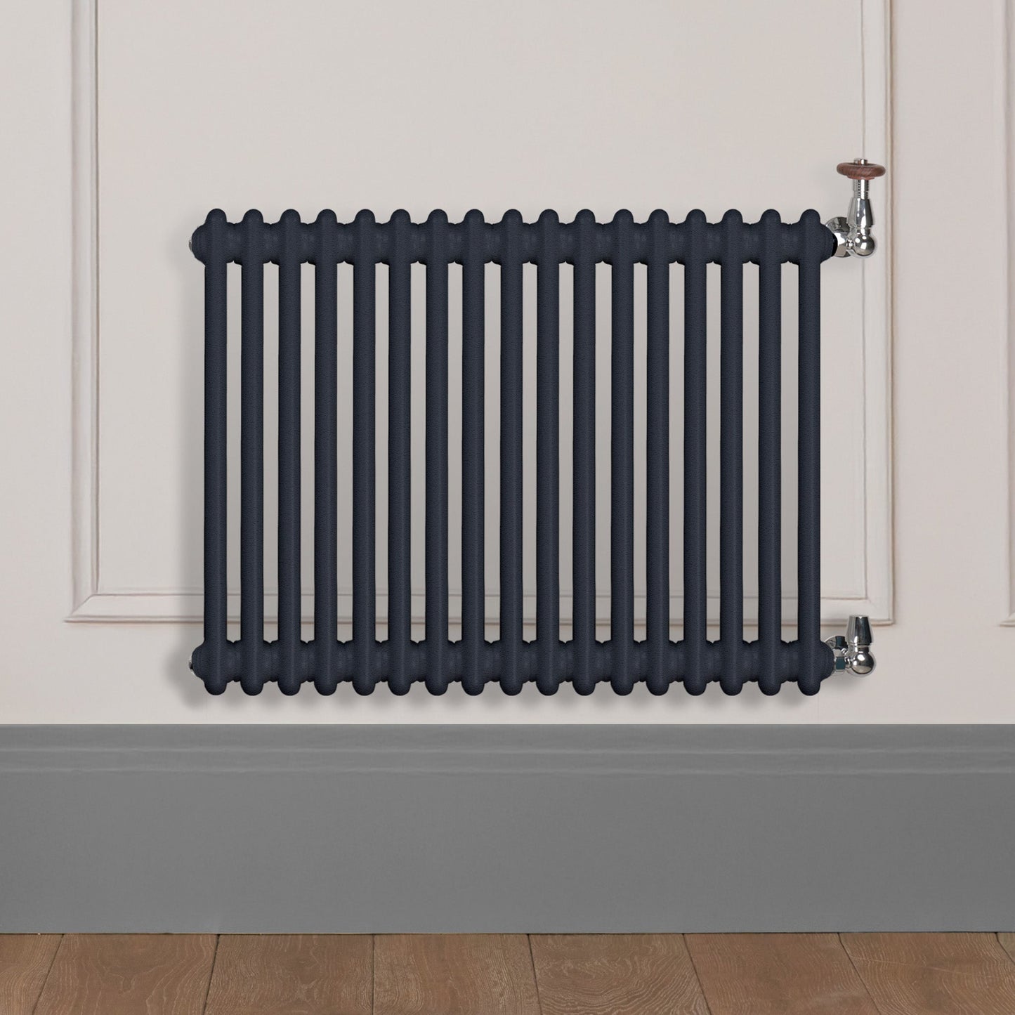 Grzejnik Dekoracyjny Żeberkowy - 2 Kolumnowy Antracytowy - 576x785mm, poziomy grzejnik dekoracyjny w ścianie panelowej
