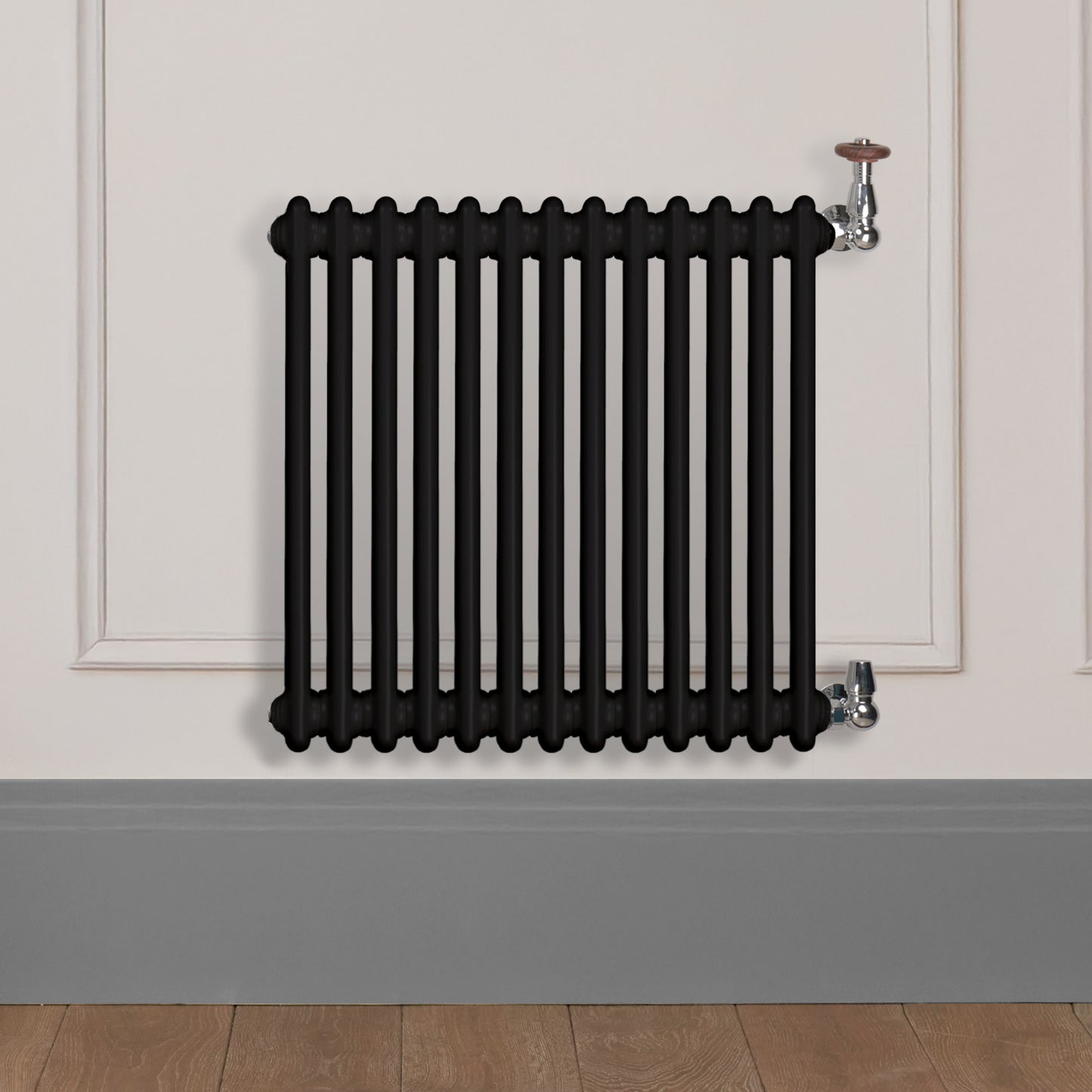 Grzejnik Dekoracyjny Żeberkowy - 2 Kolumnowy Czarny - 576x605mm, Designerski grzejnik na ścianie wyłożonej panelami Empire