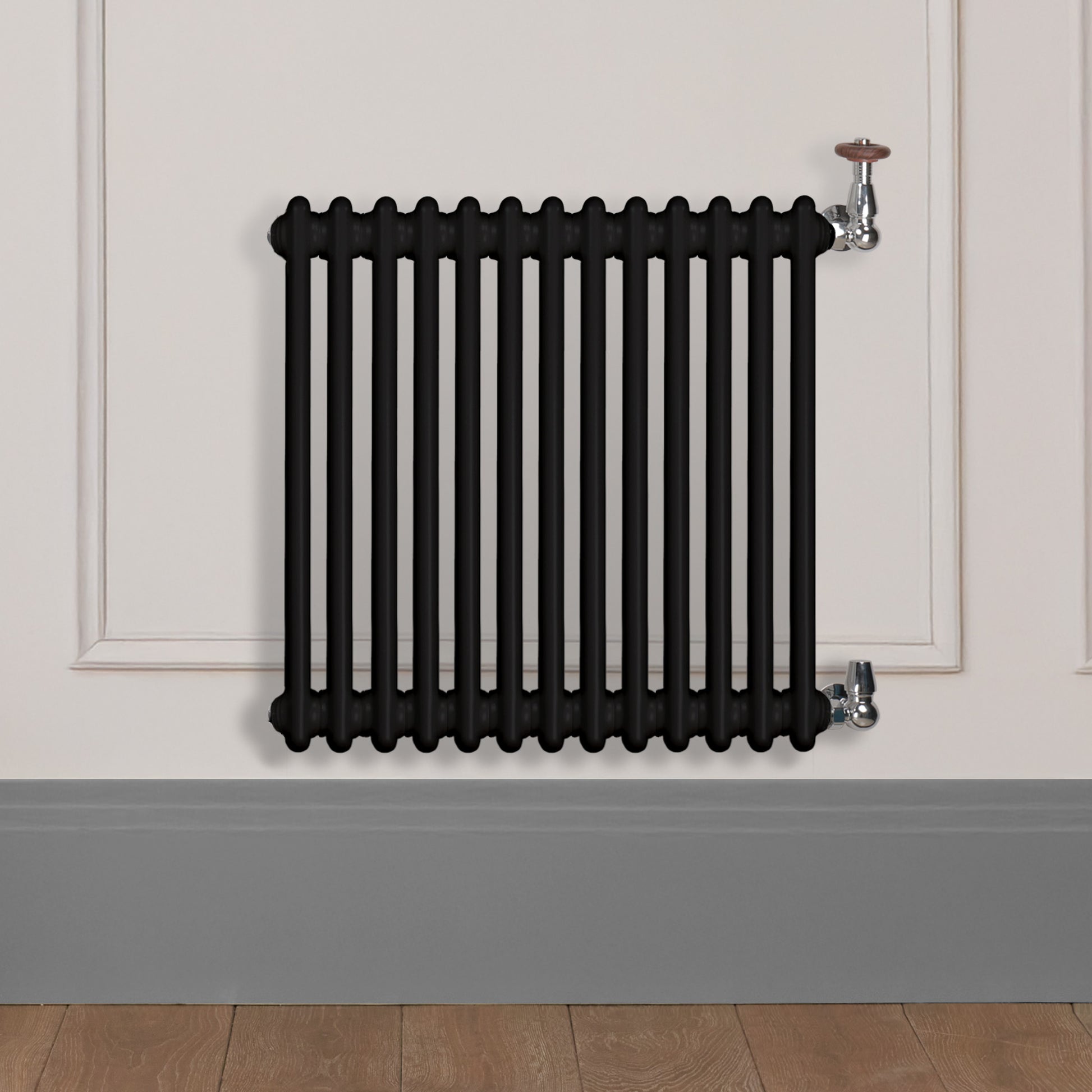 Grzejnik Dekoracyjny Żeberkowy - 2 Kolumnowy Czarny - 576x605mm, Designerski grzejnik na ścianie wyłożonej panelami Empire