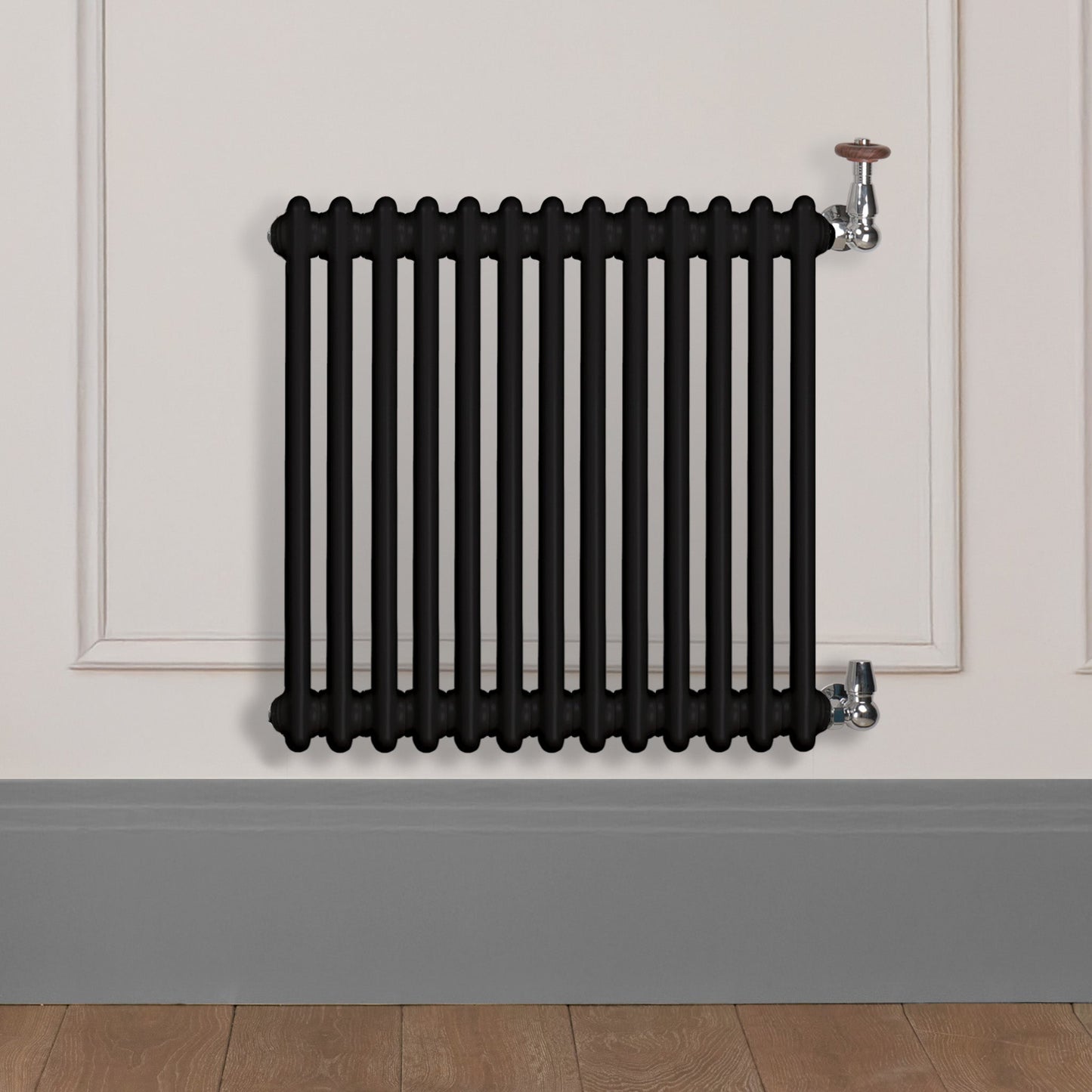 Grzejnik Dekoracyjny Żeberkowy - 2 Kolumnowy Czarny - 576x605mm, poziomy grzejnik dekoracyjny w ścianie panelowej