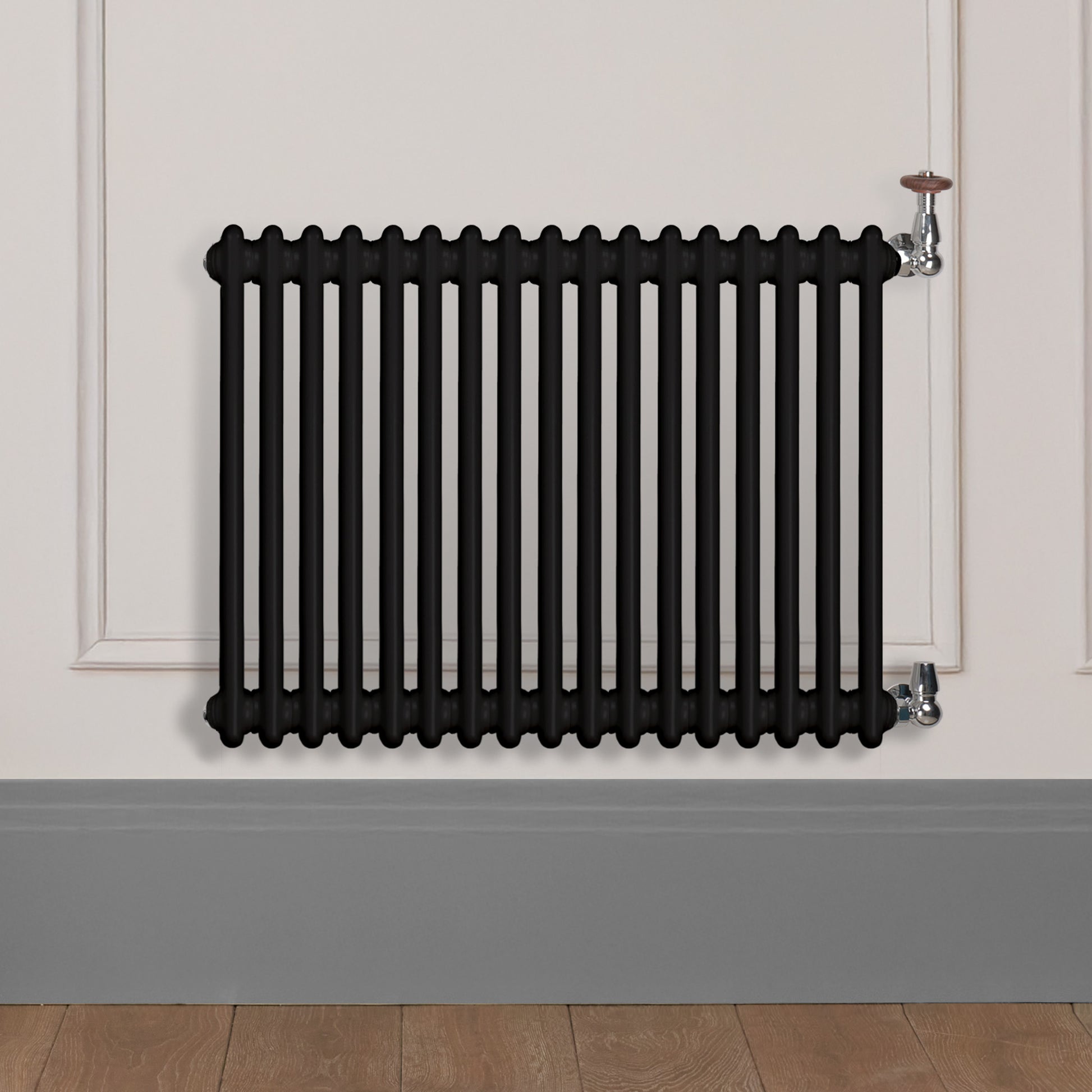 Grzejnik Dekoracyjny Żeberkowy - 2 Kolumnowy Czarny - 576x785mm, Designerski grzejnik na ścianie wyłożonej panelami Empire