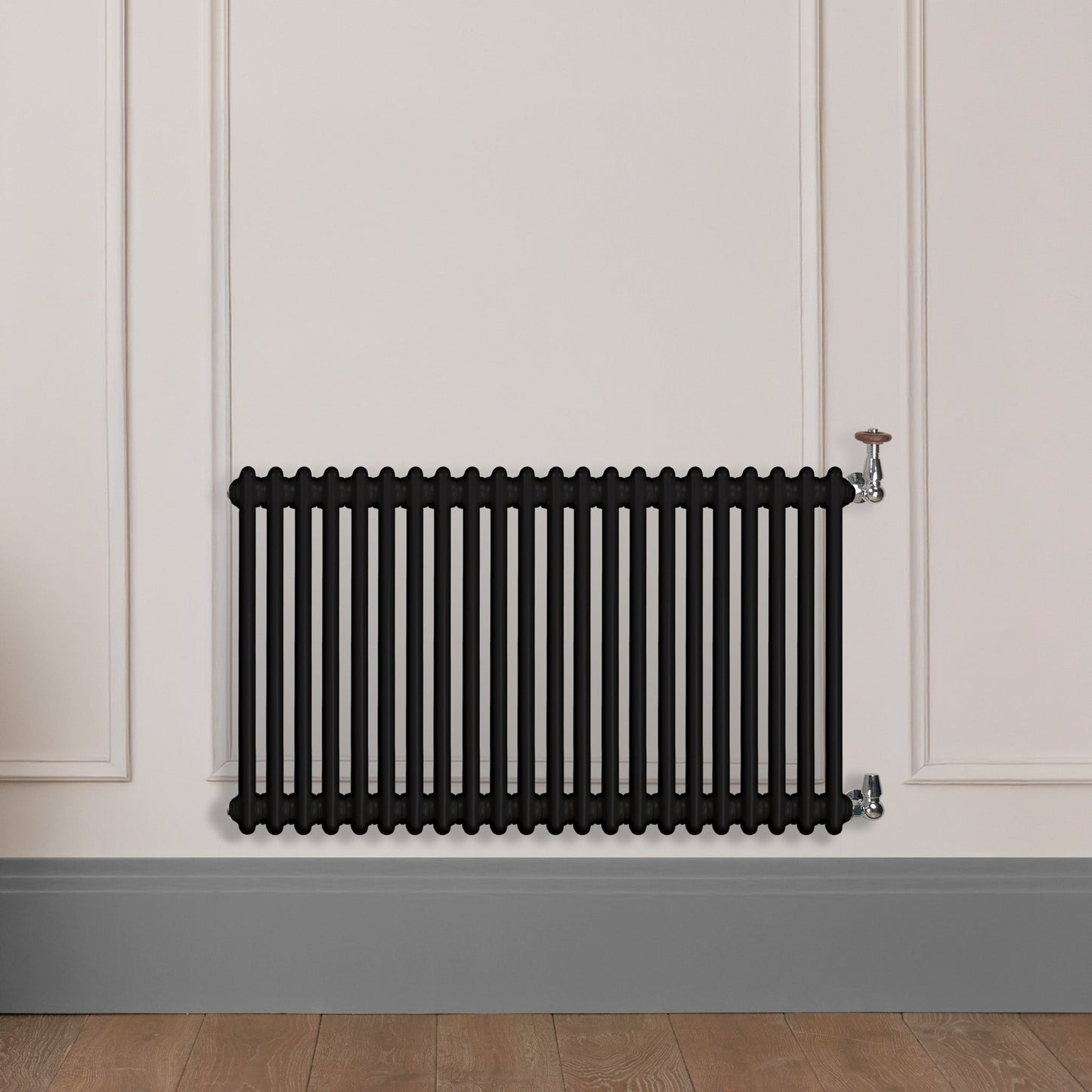 Grzejnik Dekoracyjny Żeberkowy - 2 Kolumnowy Czarny - 576x1010mm, poziomy grzejnik dekoracyjny w ścianie panelowej