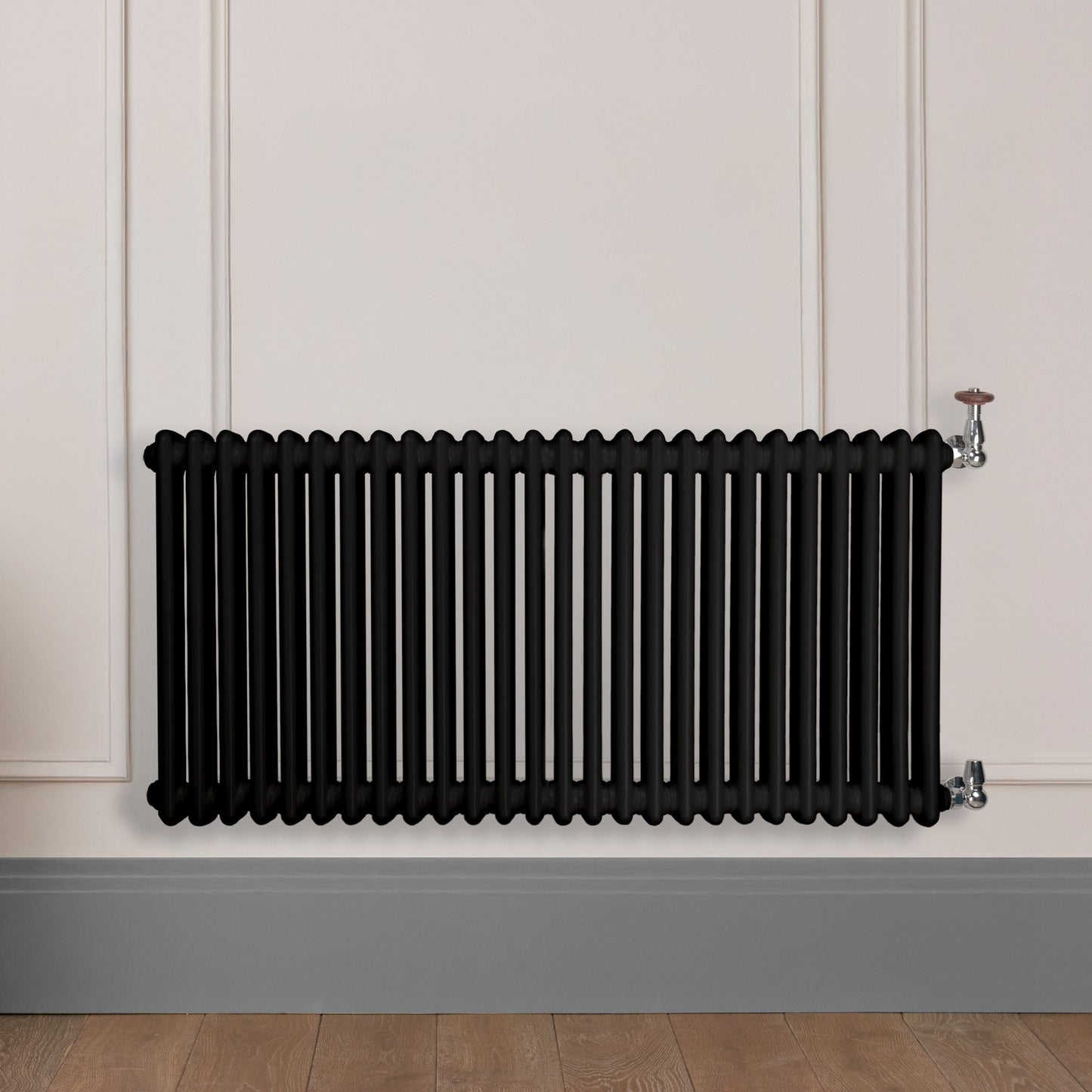 Grzejnik Dekoracyjny Żeberkowy - 2 Kolumnowy Czarny - 576x1190mm, poziomy grzejnik dekoracyjny w ścianie panelowej