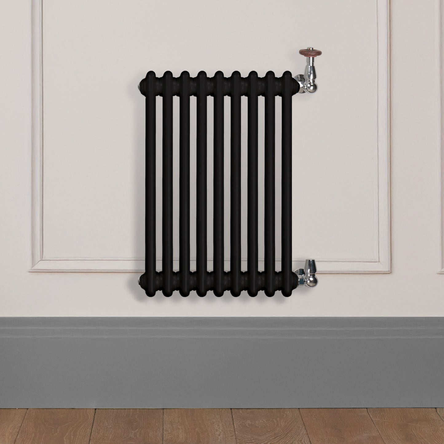 Grzejnik Dekoracyjny Żeberkowy - 2 Kolumnowy Czarny - 576x425mm, Designerski grzejnik na ścianie wyłożonej panelami Empire