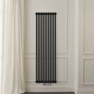 Grzejnik Dekoracyjny Pionowy - 3 Kolumnowy Czarny - 1800x560mm, Designerski grzejnik na ścianie wyłożonej panelami Empire