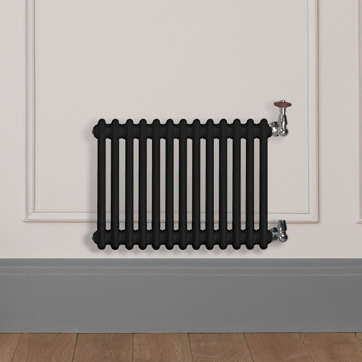 Grzejnik Dekoracyjny Żeberkowy - 3 Kolumnowy Czarny - 426x605mm, Designerski grzejnik na ścianie wyłożonej panelami Empire