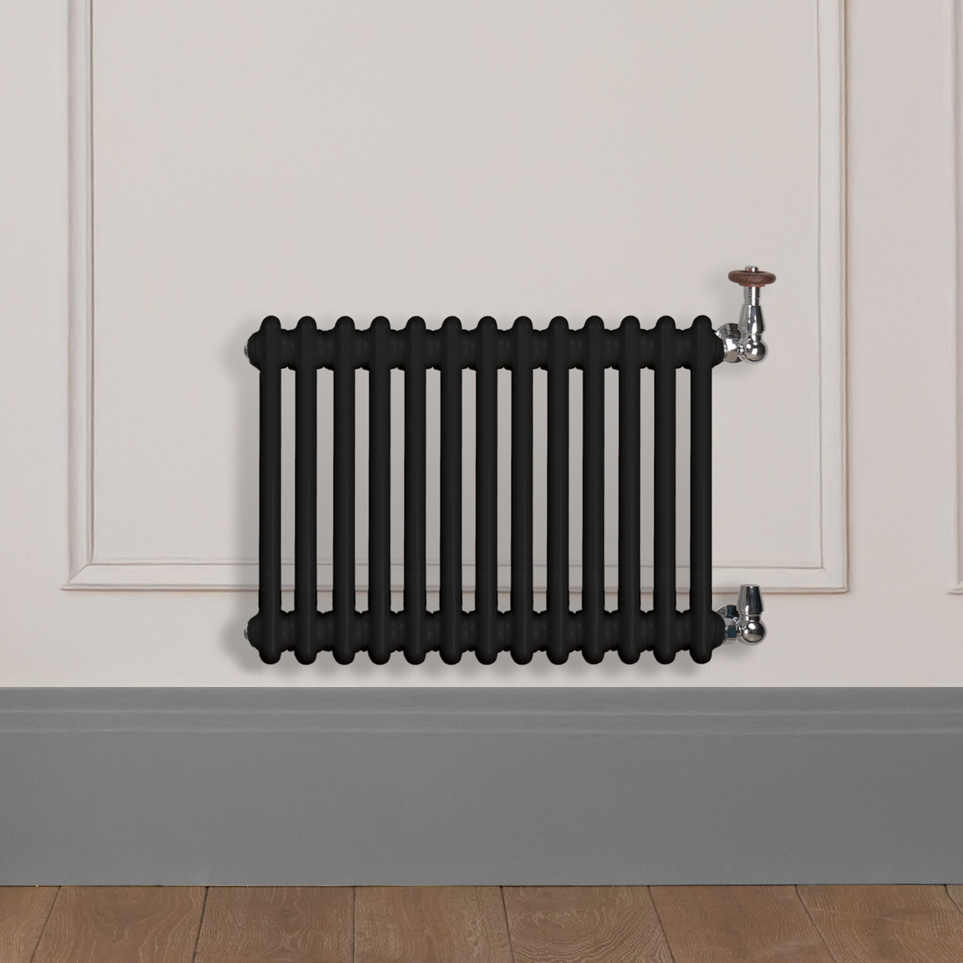 Grzejnik Dekoracyjny Żeberkowy - 3 Kolumnowy Czarny - 426x605mm, Designerski grzejnik na ścianie wyłożonej panelami Empire